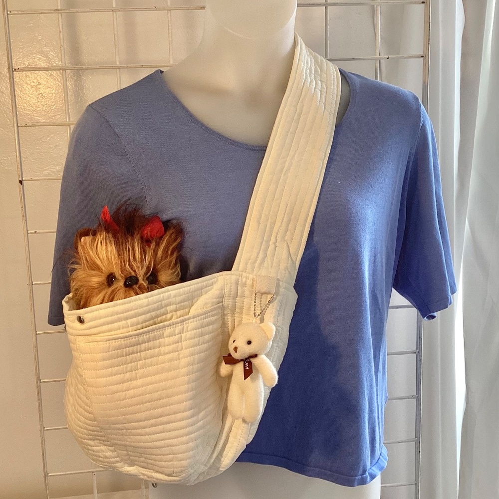 Cream Quilted Pet Sling Carrier - Comfortable Hands-Free Dog Carrier #C - Picture 3 of 9